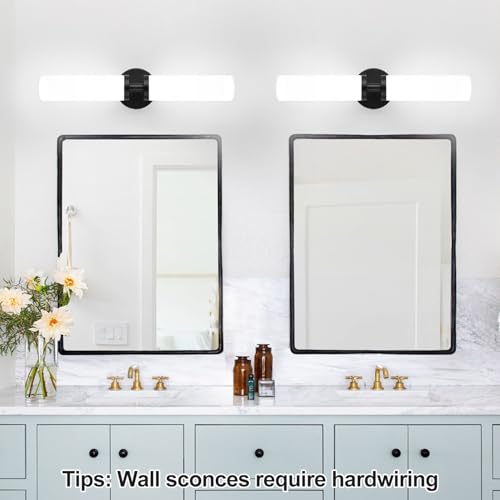 Image of Wall Sconces Set of Two, Matte Black Bathroom Sconces Wall Lighting with Milky White Glass, Hardwired Modern Sconces Wall Decor Set of 2 Bathroom Light Fixtures for Mirror Living Room Hallway Bedroom
