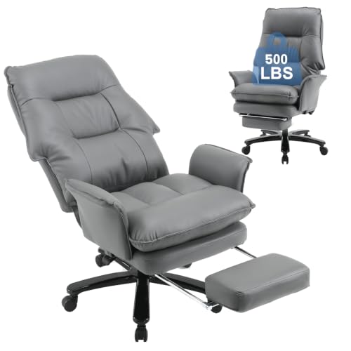 Image of Big and Tall Office Chair 500LBS, Ergonomic Gaming Chair Reclining Office Chair with Foot Rest for Adult,Pu Leather Computer Desk Chair with Adjustable Armrests for Home Living Room,Grey