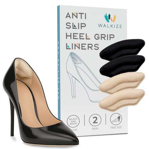 Image of Walkize Anti Slip Heel Pads for Shoes Women & Men - Cushioned Heel Grips - Shoe Inserts for Women - Blister Prevention, Heel Pain Relief & Comfort in High Heels, Dress Shoes (2 Pairs, Black & Beige)