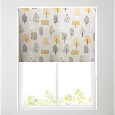 Blackout Pattern Roller Blinds for Windows, Custom Cut to Size - Black Out Thermal Fabric Durable Fittings Easy Fit - Roller Blind Patterned (Grey & Ochre Trees 91.5cm) Cover