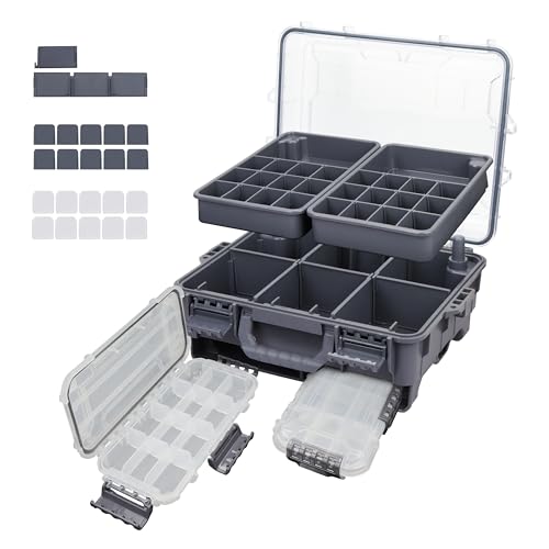 RUNCL Universal Fishing Tackle Box with Two Small Tackle Tray, Removal Inside Design Waterproof...