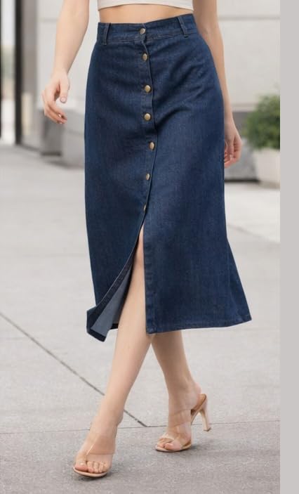 Image of Western Trending Stylish Flared Comfortable Solid Long Denim Skirt for Women & Girls