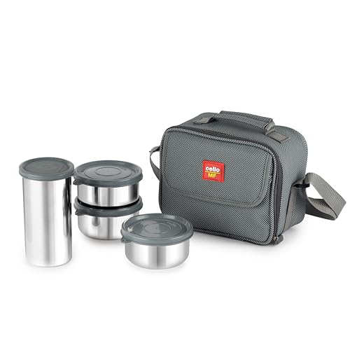 Image of CELLO MF Fab Lunch Box with Bag for Office Use, Grey | 315 ml x 4 Stainless Steel Containers with 510 ml Steel Tumbler, Airtight Leak Proof Easy to Carry with Strap Tiffin Box for Travel & Daily Use