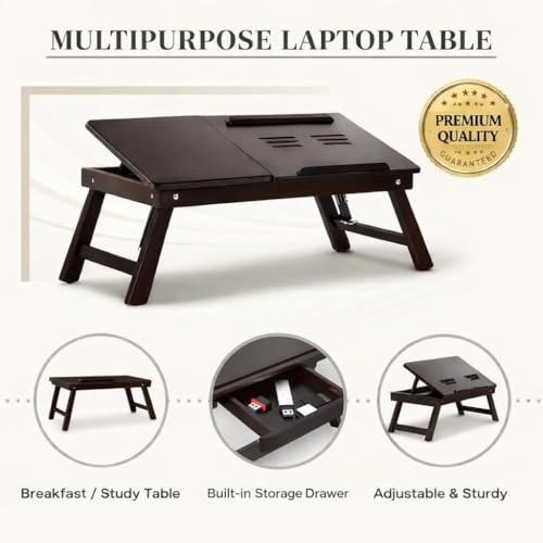 Image of Wooden Laptop Table Standard Adjustable Study Table with Laptop, Portable Lap Desk, Multifunctional Bed Table with Drawer and Folding Legs (Brown)