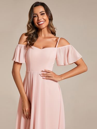 Image of Ever-Pretty Women's Summer Cold Shoulder Hi-Lo Asymmetrical Hem Flowy Chiffon Short Wedding Guest Dress 02103