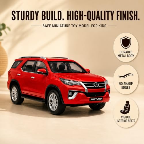 Image of 1:32 Scale Fortuner Die Cast Metal Pull Back Toy Car with Openable Doors Lights and Sound Realistic SUV Model 4x4 Miniature Collectible Vehicle for Kids Boys Girls Gift Toy Durable Red Fortuner Car