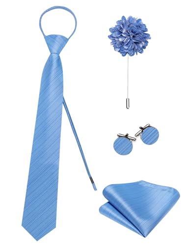 Image of Hi-Tie Sky Blue Zipper Ties for Men Striped Adjustable Pre-Tied Necktie Lapel Pin Pocket Square Cufflinks Set