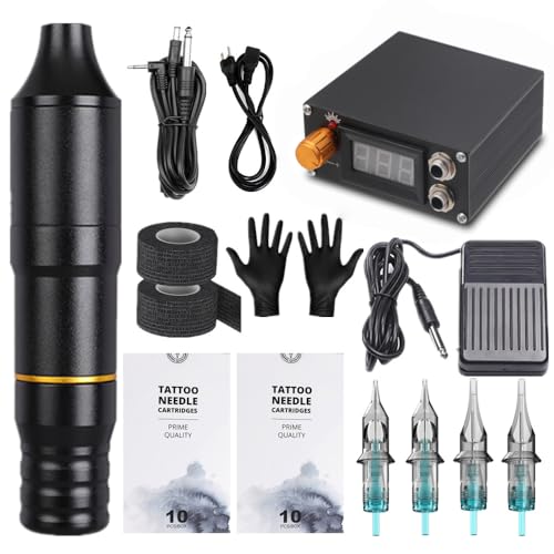 TTOOGO Kit de pluma para máquina de tatuaje profesional, kit de tatuaje giratorio con fuente de alimentación de tatuaje digital y pedal, pluma de cartucho de tatuaje de aluminio
