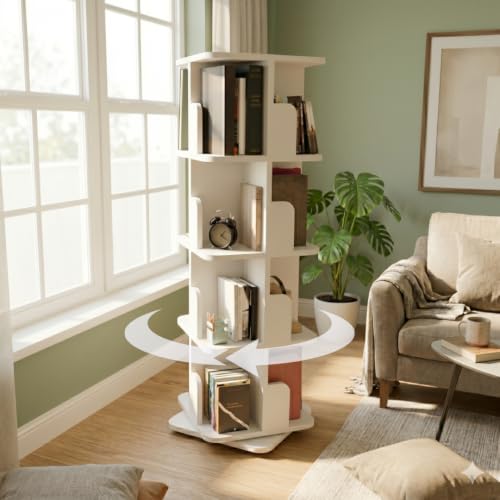 Image of COGO 4 Tier Revolving Bookshelf | 360 Smooth Revolve Mechanism | 52 x 15 x 15 inch | 100 Books Capacity | 17 mm Engineered Wood | Bookcase | Showcase | Do-It-Yourself | Colour: White