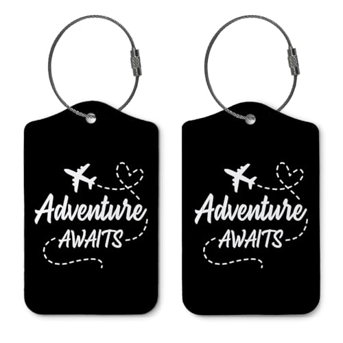 Adventure Awaits Luggage Tags for Suitcases,Travel Gift for Couples,Black 2 Pack Baggage Tag Label with Steel Loop,Funny Party Gifts,Handbag School Bag Backpack Traveling Accessories