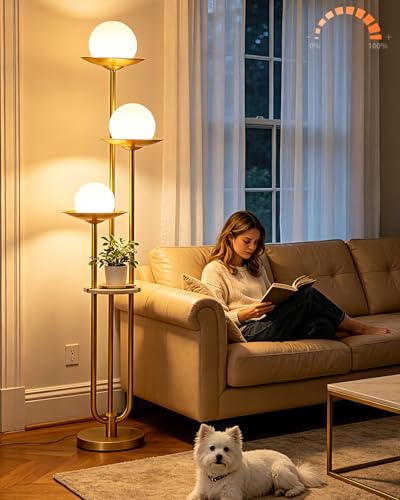 Image of Lightdot 3-Globe Dimmable Floor Lamp with Table Modern Floor Lamps 3000K Warm White Bulbs Included Gold Tall Standing Lamp with 5Lbs Heavy Base for Living Room /Bedroom /Sofa Beside /Corner Decor