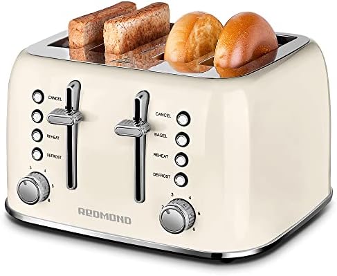 REDMOND Toaster 4 Slice, Retro Stainless Steel Toaster with Extra Wide Slots Bagel, Defrost, Reheat Function, Dual Independent Control Panel, Removable Crumb Tray, 6 Shade Settings and High Lift Lever, Cream White, New Version