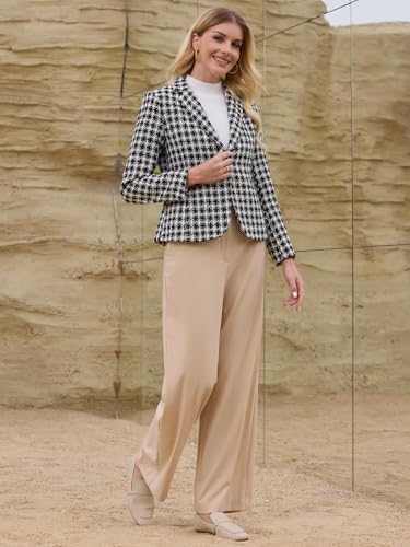 Women's Tweed Tartan Blazer Open Front Fall Winter Business Casual Plaid Jacket3