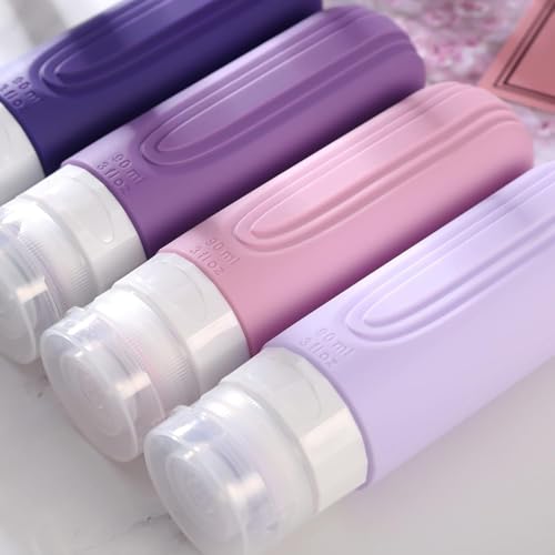 Kit 4 Frascos Potes Silicone Viagem 90ml Aprovado TSA Creme Shampoo Condicionador (Roxo e Rosa)