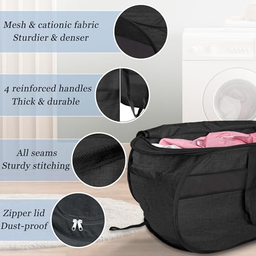 Image of 100L Extra Large Mesh Pop Up Laundry Hamper with Lid & Handles 2 Pack, XL Foldable Dirty Clothes Basket for Home Dorm Closet Storage, Portable Laundry Bin, Black. 2H
