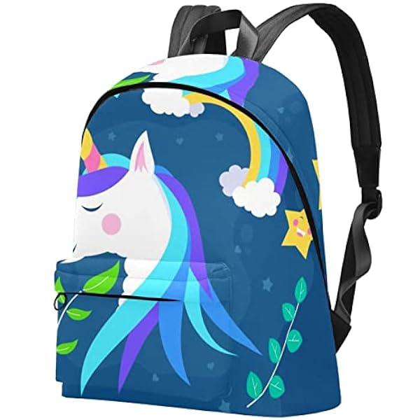 Grote Canvas Rugzak College School Mannen & Vrouwen Eenhoorn Omringd door Bloemen Maan en Sterren, Multicolor