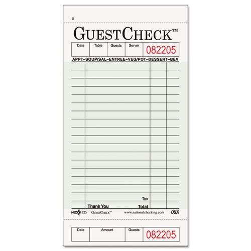National Checking Company Guest Check Pad, w/Stub, 3-1/2 x 6-3/4, 1-Part Carbonless - 50 pads.
