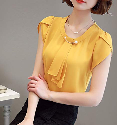 Fiere blusa feminina elegante de chiffon de cor sólida e caimento justo, Amarelo, Large