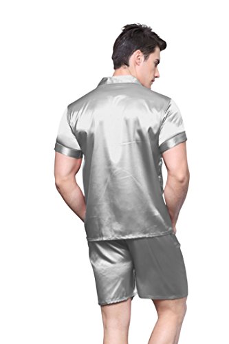 Tony & Candice Men's Short Sleeve Satin Pajama Set with Shorts (Gray,L)3