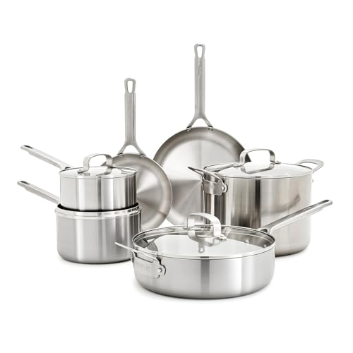 GreenPan x Bobby Flay Stainless Steel Cookware Set,10 Piece Pots & Pans, Tri-Ply Multiclad, Durable, Induction Compatible, Professional Grade, Oven & Broiler Safe to 400°F, Dishwasher Safe, Glass Lids