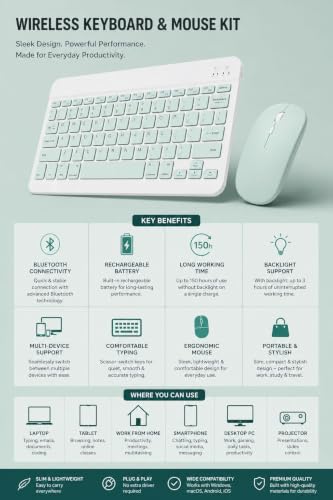Image of Wireless Bluetooth Keyboard and Mouse Combo, Rechargeable Slim Multi-Device Keyboard with Bluetooth, Mouse with Bluetooth & 2.4G USB Receiver. (Mint Green)
