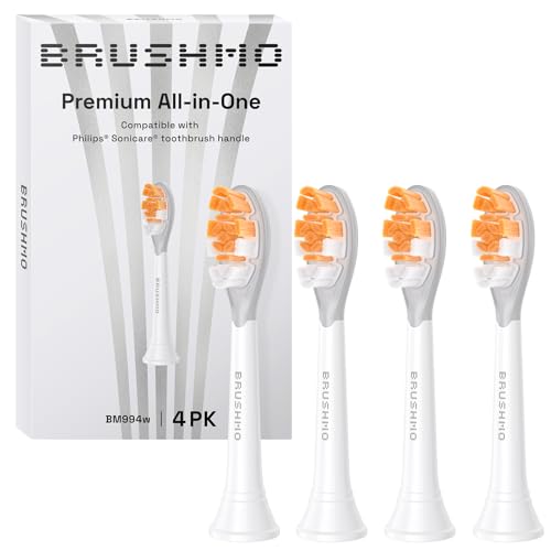 Brushmo All-in-One Replacement Toothbrush Heads, Compatible with Philips Sonicare Click-on Electric Toothbrush Handles, 4 Standard Replacement Heads, BM994, White
