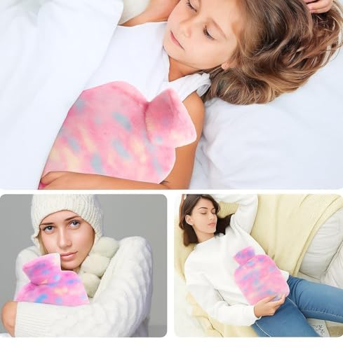 Image of Hot Water Bag with Soft Plush Cover 1000ml Medical Grade Silicone Hot Water Bottle for Period Cramps, Hot & Cold Therapy, Back Pain, Muscle Aches, Body Relaxation Heating Pad (Rainbow Swirl)