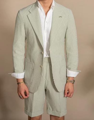 VENNYNG Men's Summer Seersucker Suit Set Breathable 2-Piece Wedding Business Casual Outfit2