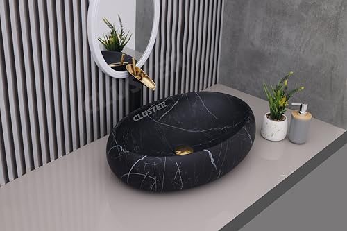 Image of CLUSTER Designer Glossy Ceramic Table Top Wash Basin For Bathroom | Countertop Bathroom Sink For Livingroom, Resturant Decor, Oval Shape (24 x 16 x 6 inch)