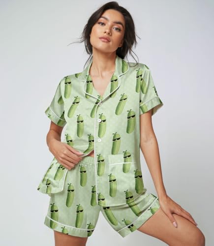Women Satin Pajama Set, 2 Piece Short Sleeve Button Down Top and Shorts Loungewear, Cute Sleepwear & Holiday3