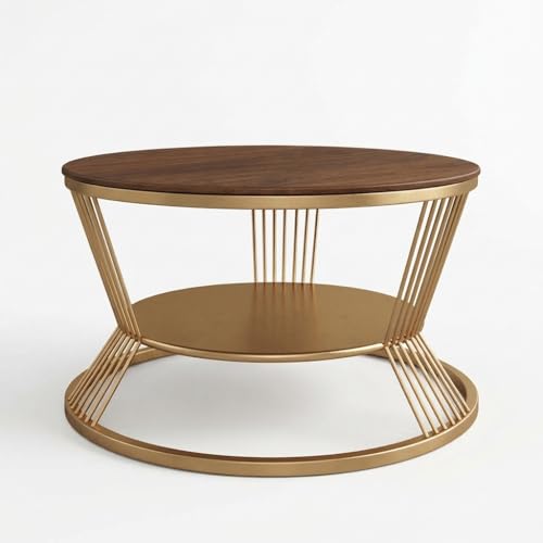 Image of 2-Tier Round Coffee Table with Open Storage Shelf Wooden Tabletop Metal Frame Simple & Modern End Table for Small Space Center Table for Living Room Golden Brown