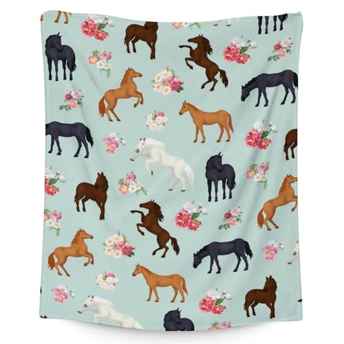 Mercuryelf Horse Blanket Gift - 60x80 Inches Aesthetic Throw Blankets for Adults - Mint Green Soft, Fuzzy & Warm Throws for Bed, Couch