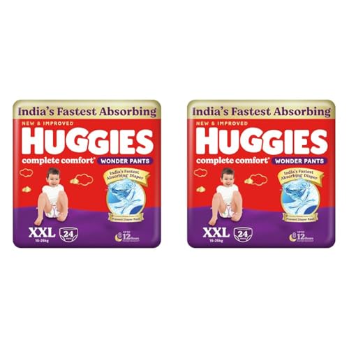 Image of Huggies Complete Comfort Wonder Pants | Pant Style Baby Diapers XXL Size, 24 Count | India's Fastest Absorbing Diaper, Patented Dry Xpert Channel, Ideal for 15 to 25 Kgs (Pack of 2)