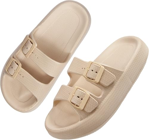 Image of Women Adjustable Open Toe Slide Sandals Classic Ultra Soft EVA Footbed Summer Designed to Fit Flat Buckle Sliders for Women & Girls