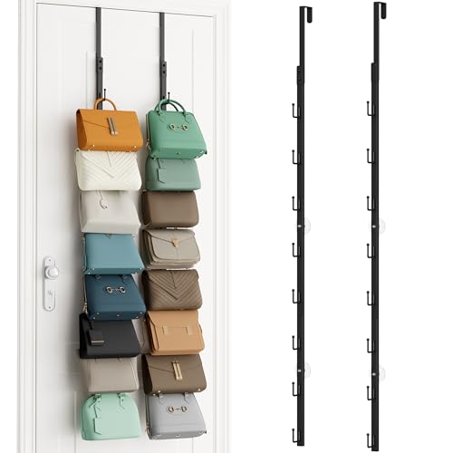 SWTYMIKI Over The Door Purse Organizer - 2 Packs Wall Mounted Purse Rack with 8 Hooks Design, Hanging Handbag Organizer Storage Holds up to 16 Bags, Bag Rack for Closet, Door (Black)