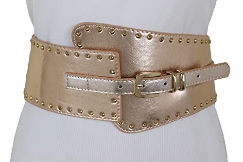 Women Western Fashion Wide Wasited Elastic Belt Hip Waist Metal Studs Buckle S M Rose Gold2