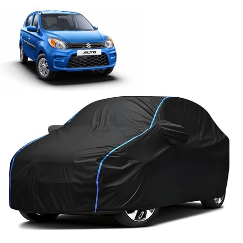 Image of Kerwa Car Body Cover Waterproof with Maruti Alto 800, Dust & UV Resistant All-Weather Proof Full Body Cover, Black with Blue Lining, Triple Stitch Elasticated Bottom with Mirror Pocket
