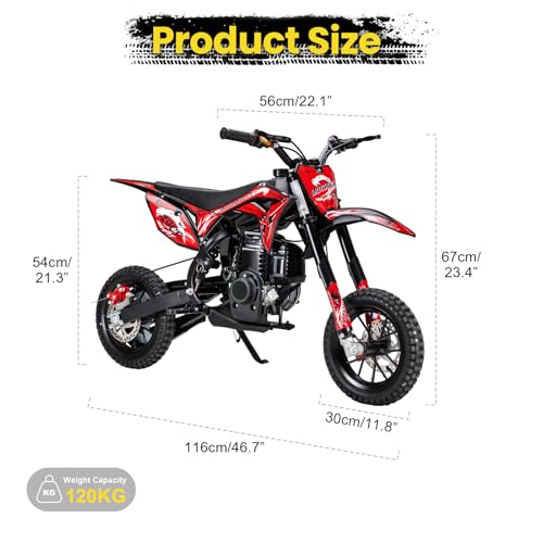 Image of Kids Dirt Bike, 50cc / Gas Powered Dirt Bike for Kids 8-14, 2-Stroke Mini Dirt Bike, Pull Start Off-Road Motorcycle, 10-Inch Tires, Disc Brakes, 25 MPH, 330 lb Max Load (Red 40CC 4-Stroke)