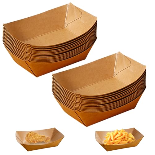 Ksvaye 100 Pièces Vaisselle Jetable Forme de Bateau Barquette Frite Kraft Barquette Carton Dégradable Boite Carton Alimentaire pour Frites,Collations,Macarons,Currywurst,Salade, 12,5 x 8,3 x 3,6CM