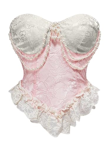 SHENHE Womens Strapless Corset Bustier Pearl Smocked Lace Trim Going Out Crop Top Tube Corset Light Pink Small