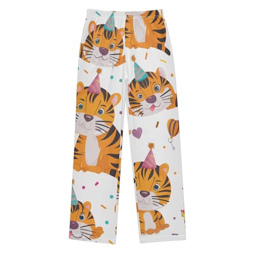 Birthday Tiger Love Heart Boys Long Pants Soft Trousers Elastic Waist Kids Lounge Bottoms with Pockets S-XL