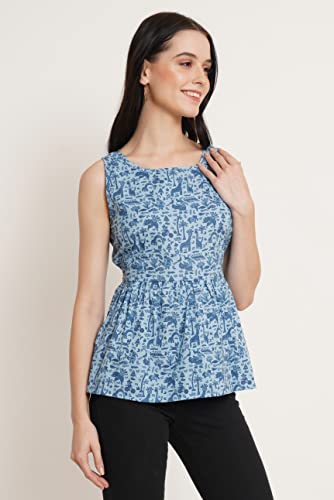 Image of COTLAND Fashions Jaipuri Cotton Sleeveless Printed Peplum Top for Women