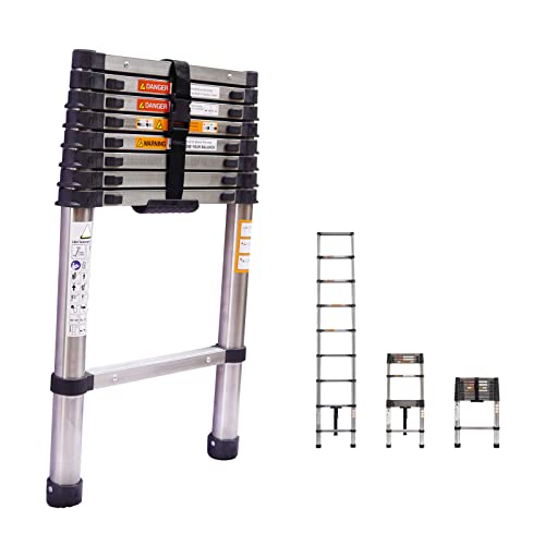 Escalera telescópica plegable de acero inoxidable de 2,6 m, carga máxima de 330 libras, altura ajustable fácil de extender, tamaño plegado de 2,6 m, ahorro de espacio para reparación de techo de casa