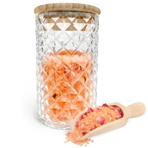 Pesilo 1200ML/42OZ Acrylic Bath Salt Jar Clear Bath Salt Container with Wooden Scoop and Lid Large Airtight Storage Canister for Bathroom Kitchen Tea Candy Spice Bathtub Accessories for Women