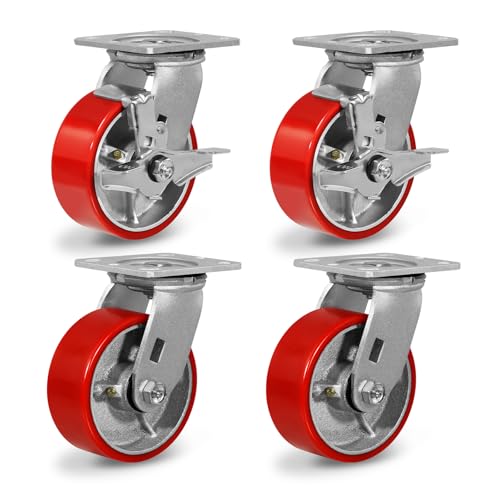 Caster Wheels, 5"X 2" Casters Set of 4 Heavy Duty with Polyurethane Wheels, Plate Industrial Swivel Casters Load 4000lbs Capacity (2 Brakes &amp; 2 Swivel)