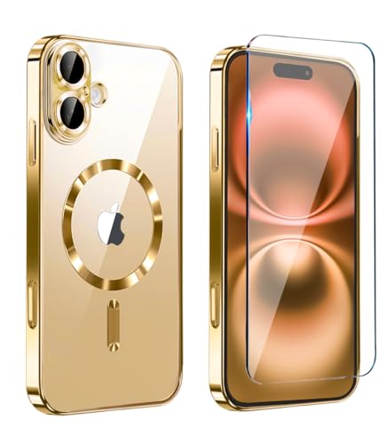 Image of Magnetic Glossy Case for iPhone 17,iPhone17 Phone Case Slim Clear Luxury with Screen Protector & Camera Protector [Compatible with MagSafe], Shockproof Cover for iPhone Case 17-Gold