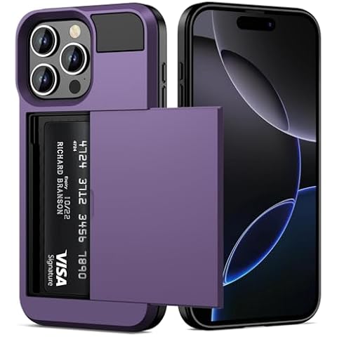 Vofolen Compatible with iPhone 16 Pro Case with Card Holder Dual Layer Heavy Duty Drop Protection Hidden Sliding Card Slot Slim Wallet Phone Case for iPhone 16 Pro for Women Men, 6.3 Inch Grey Purple Cover