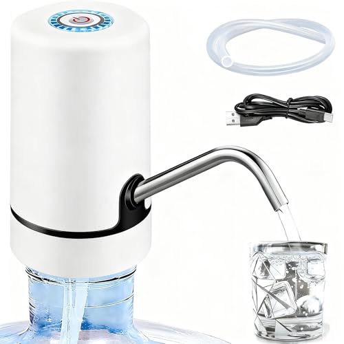Water Dispenser Pump- 5 Gallon USB Rechargeable Portable Electric Water Pump for Water Jugs with Auto Stop and Silicone Caps Ideal for Home Office Camping and Travel(White)