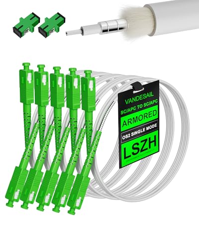 VANDESAIL Armored White Fiber Optic Internet Cable 2M(6ft) 5 Pack, SC/APC to SC/APC Single Mode Fiber Patch Cable, Single-Mode Fiber Jumper with 2 Couplers, LSZH 2 Meter