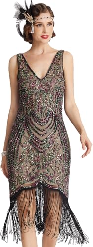 Image of Women Flapper Dresses 1920s V Neck Beaded Fringed Great Gatsby Club & Night Out Dresses